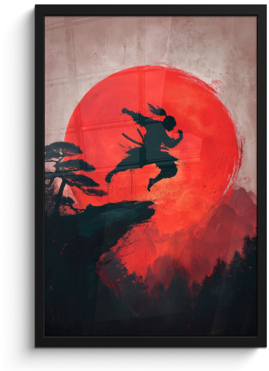 FrameYourWall Poster in lijst - Fotolijst 40x60 cm - Posters - Zon - Krijger - Bomen - Bergen - Posterlijst zwart - Decoratie - Wanddecoratie woonkamer - Muurdecoratie slaapkamer Zon - Krijger - Landschap