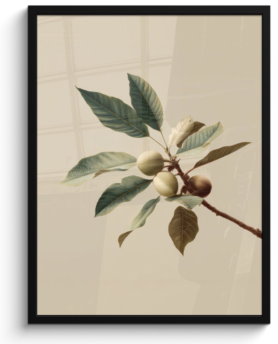 FrameYourWall Poster in lijst - Fotolijst 60x80 cm - Posters - Tak - Groene Bladeren - Vruchten - Posterlijst zwart - Decoratie - Wanddecoratie woonkamer - Muurdecoratie slaapkamer Tak - Bladeren - Vruchten