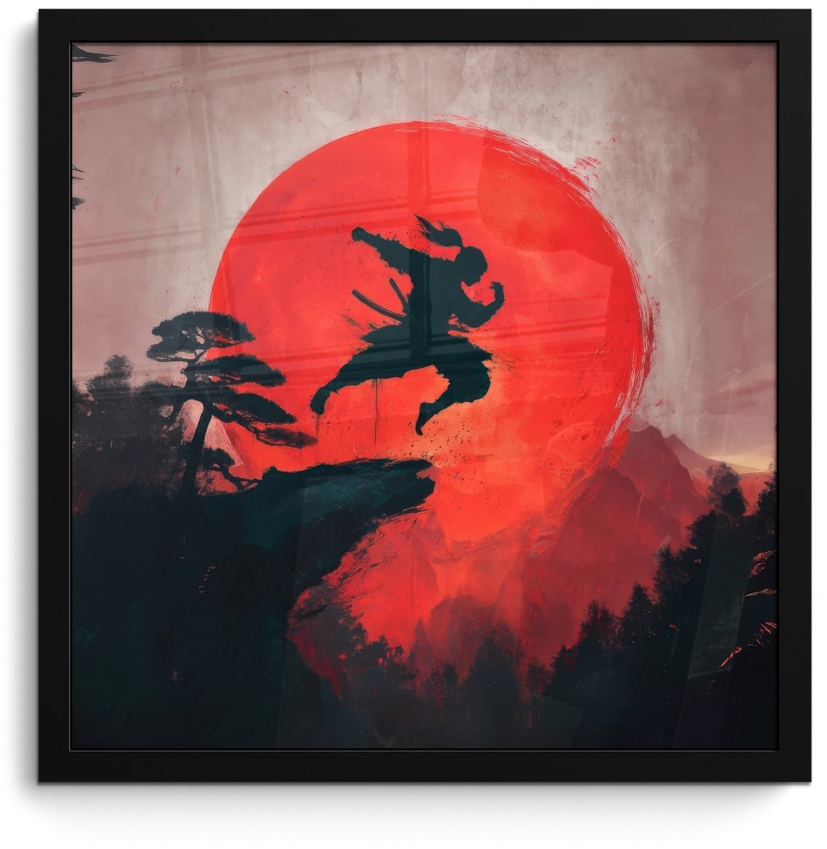FrameYourWall Poster in lijst - Fotolijst 40x40 cm - Posters - Zon - Krijger - Bomen - Bergen - Posterlijst zwart - Decoratie - Wanddecoratie woonkamer - Muurdecoratie slaapkamer Zon - Krijger - Landschap