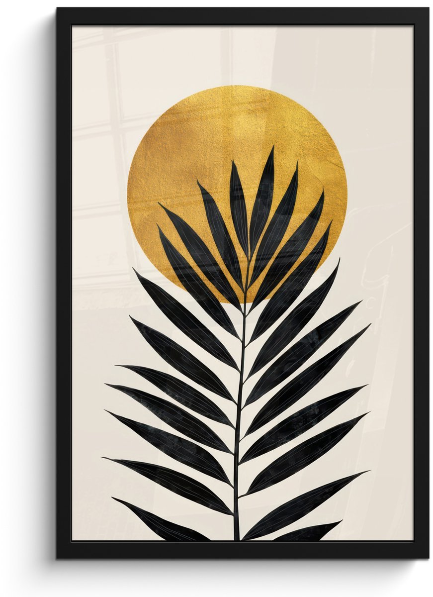 FrameYourWall Poster in lijst - Fotolijst 40x60 cm - Posters - Zwart palmblad - Gouden cirkel - Beige achtergrond - Posterlijst zwart - Decoratie - Wanddecoratie woonkamer - Muurdecoratie slaapkamer Palmblad - Cirkel