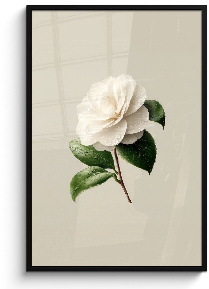 FrameYourWall Poster in lijst - Fotolijst 80x120 cm - Posters - Cameliabloem - Wit - Groen - Posterlijst zwart - Decoratie - Wanddecoratie woonkamer - Muurdecoratie slaapkamer