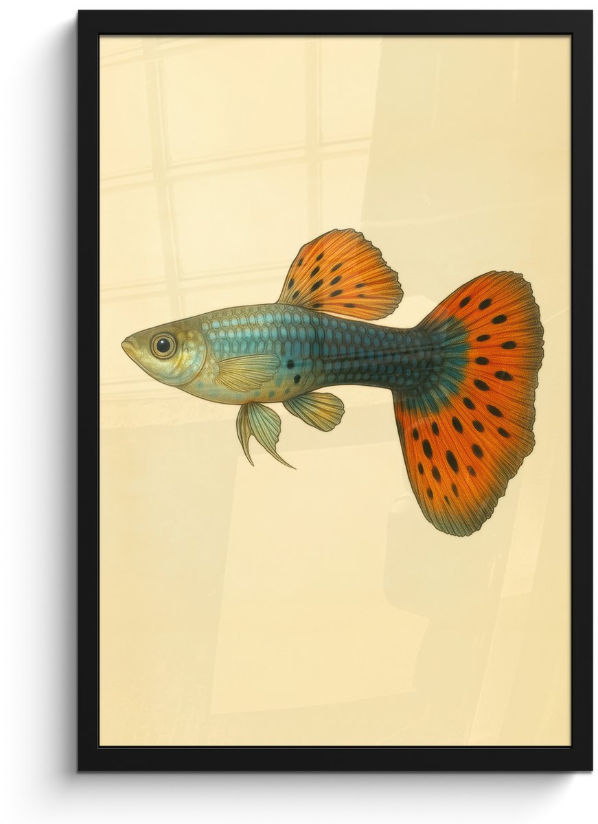 FrameYourWall Poster in lijst - Fotolijst 40x60 cm - Posters - Vis - illustratie - Stippen - Oranje - Posterlijst zwart - Decoratie - Wanddecoratie woonkamer - Muurdecoratie slaapkamer