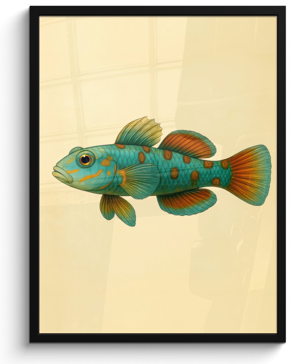 FrameYourWall Poster in lijst - Fotolijst 60x80 cm - Posters - Vis - Blauw - Stippen - Schubben - Posterlijst zwart - Decoratie - Wanddecoratie woonkamer - Muurdecoratie slaapkamer Vis - Stippen