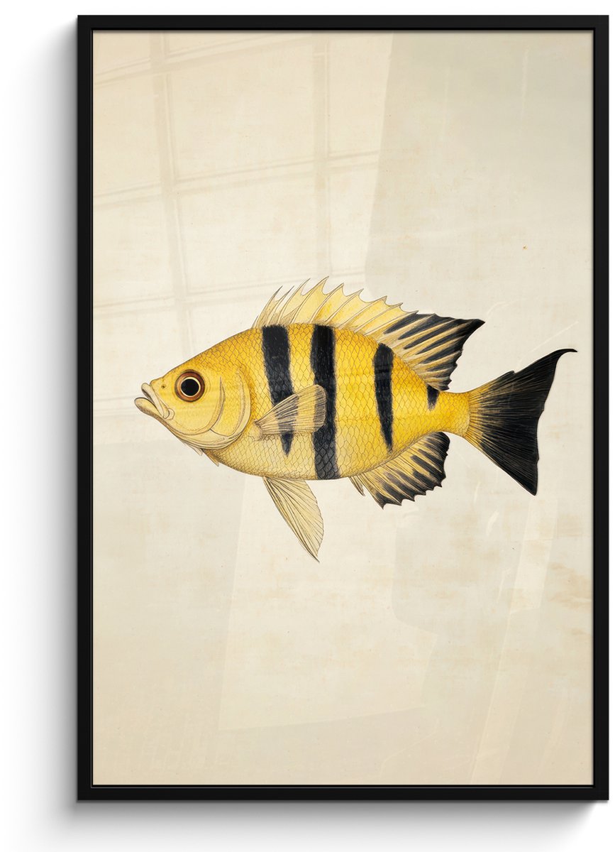 FrameYourWall Poster in lijst - Fotolijst 80x120 cm - Posters - Geel - Vis - Strepen - Tropisch - Posterlijst zwart - Decoratie - Wanddecoratie woonkamer - Muurdecoratie slaapkamer