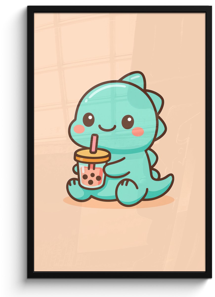FrameYourWall Poster in lijst - Fotolijst 60x90 cm - Posters - Dino - Boba - kawaii - Oranje - Posterlijst zwart - Decoratie - Wanddecoratie woonkamer - Muurdecoratie slaapkamer