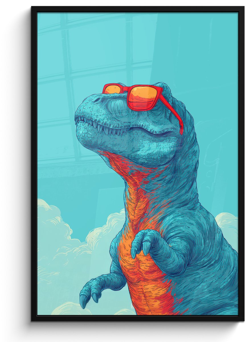 FrameYourWall Poster in lijst - Fotolijst 80x120 cm - Posters - T-Rex - Blauw - Wolken - Zonnebril - Posterlijst zwart - Decoratie - Wanddecoratie woonkamer - Muurdecoratie slaapkamer Dinosaurus - Wolken - Zonnebril