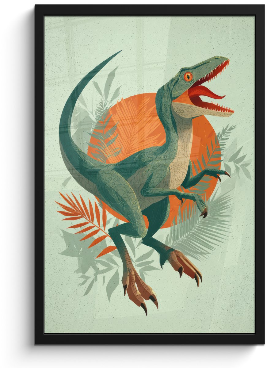 FrameYourWall Poster in lijst - Fotolijst 40x60 cm - Posters - Dino - Bladeren - Grafisch - Groen - Posterlijst zwart - Decoratie - Wanddecoratie woonkamer - Muurdecoratie slaapkamer