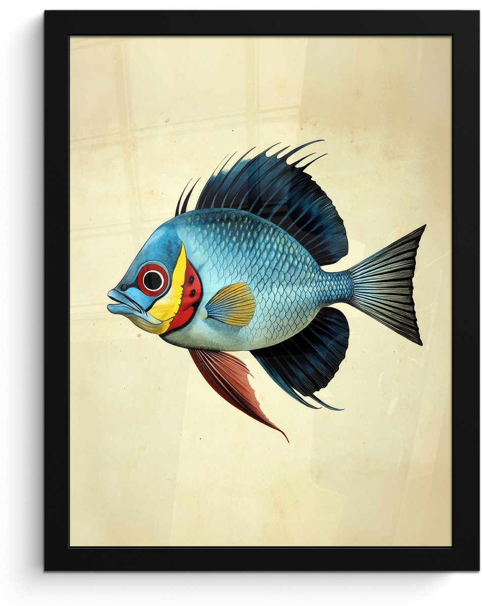 FrameYourWall Poster in lijst - Fotolijst 30x40 cm - Posters - Blauw - Kieuwen - Vis - Illustratie - Posterlijst zwart - Decoratie - Wanddecoratie woonkamer - Muurdecoratie slaapkamer Vis - Kieuwen
