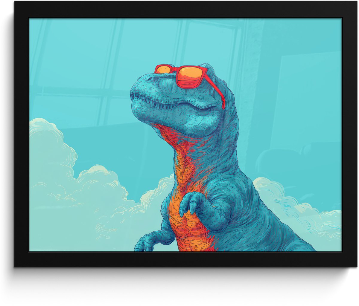 FrameYourWall Poster in lijst - Fotolijst 40x30 cm - Posters - T-Rex - Blauw - Wolken - Zonnebril - Posterlijst zwart - Decoratie - Wanddecoratie woonkamer - Muurdecoratie slaapkamer Dinosaurus - Wolken - Zonnebril