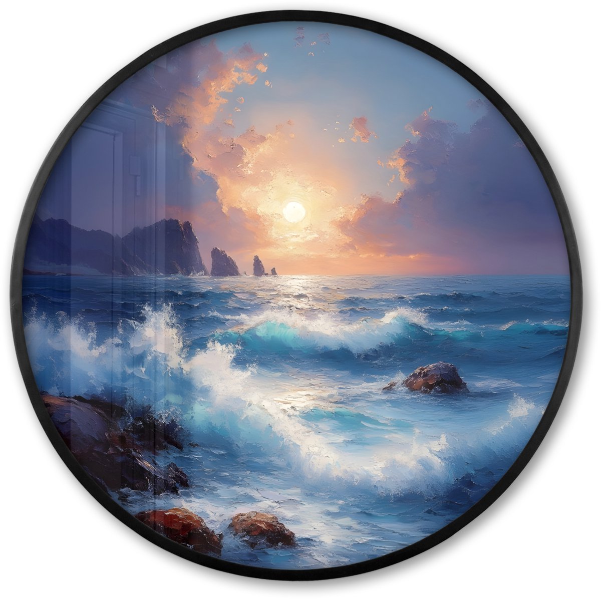 FrameYourWall Poster in lijst Rond - Fotolijst 80x80 cm - Posters - Golven - Zee - Kleurrijk - Rotsen - Ronde posterlijst zwart - Decoratie - Wanddecoratie woonkamer - Muurdecoratie slaapkamer Golven - Rotsen - Zon