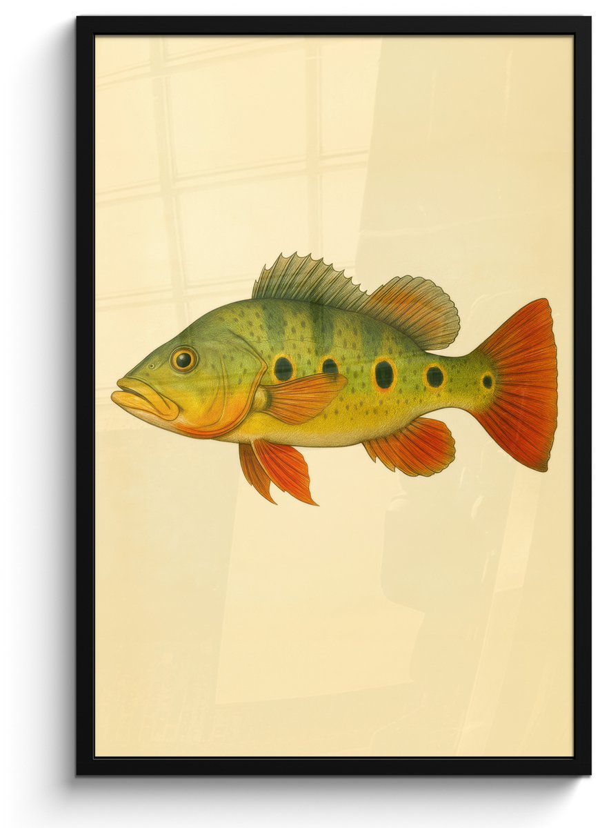 FrameYourWall Poster in lijst - Fotolijst 60x90 cm - Posters - Schubben - Vis - Groen - Illustratie - Posterlijst zwart - Decoratie - Wanddecoratie woonkamer - Muurdecoratie slaapkamer Vis - illustratie - Schubben