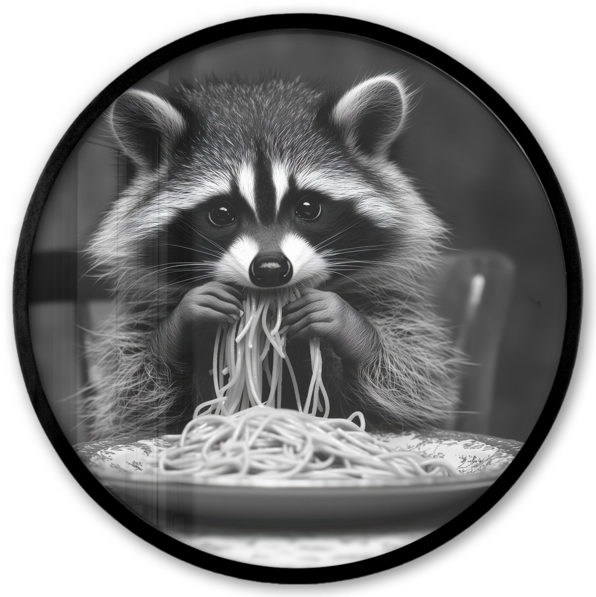 FrameYourWall Poster in lijst Rond - Fotolijst 40x40 cm - Posters - Wasbeer - Cute - Pasta - Tafelkleed - Zwart - Wit - Ronde posterlijst zwart - Decoratie - Wanddecoratie woonkamer - Muurdecoratie slaapkamer