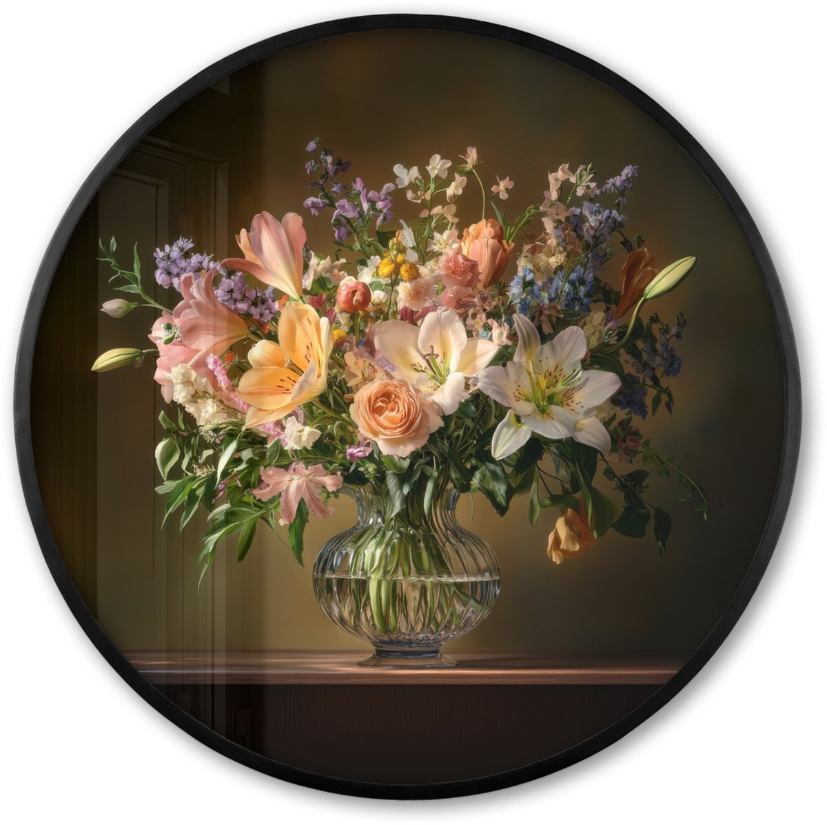FrameYourWall Poster in lijst Rond - Fotolijst 80x80 cm - Posters - Glazen - Bloemen - Boeket - Kleuren - Ronde posterlijst zwart - Decoratie - Wanddecoratie woonkamer - Muurdecoratie slaapkamer Bloemen - Pastel