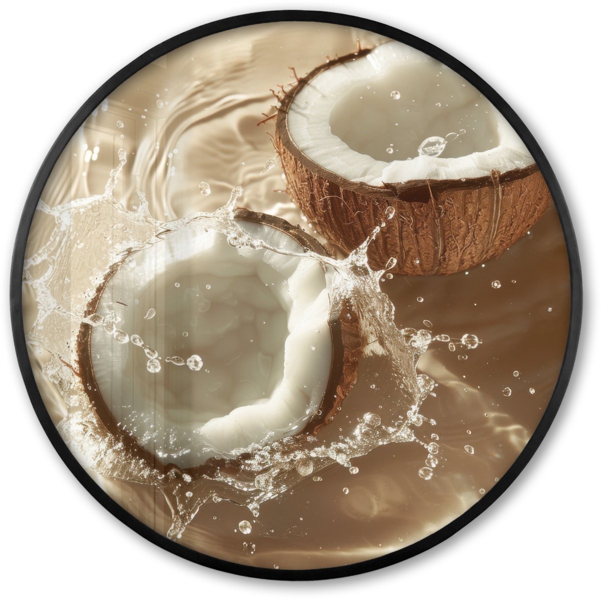 FrameYourWall Poster in lijst Rond - Fotolijst 60x60 cm - Posters - Kokosnoot - Water - Beige - Spetters - Ronde posterlijst zwart - Decoratie - Wanddecoratie woonkamer - Muurdecoratie slaapkamer