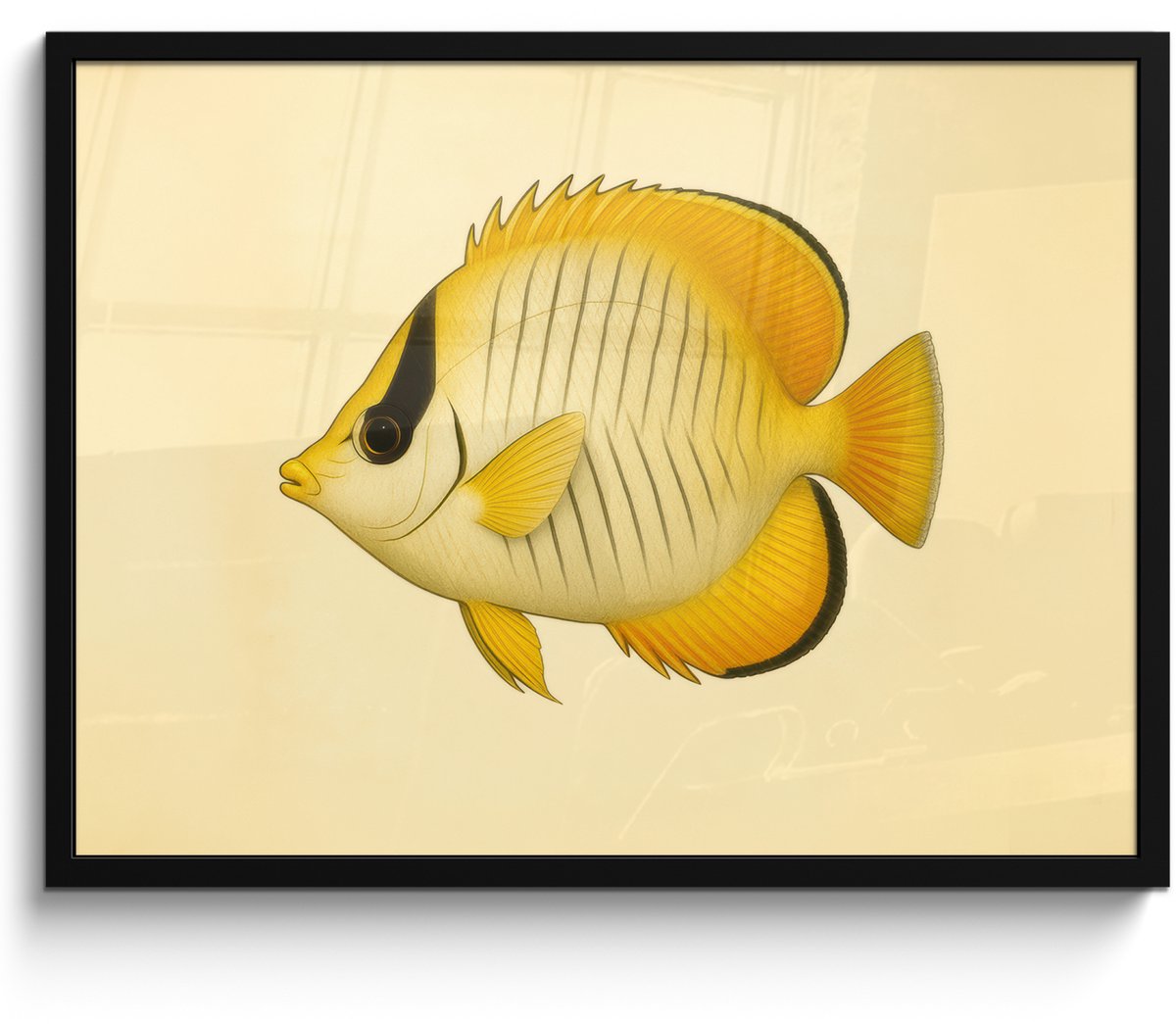 FrameYourWall Poster in lijst - Fotolijst 80x60 cm - Posters - Ovaal - Vis - Geel - Schubben - Posterlijst zwart - Decoratie - Wanddecoratie woonkamer - Muurdecoratie slaapkamer Vis - Ovaal