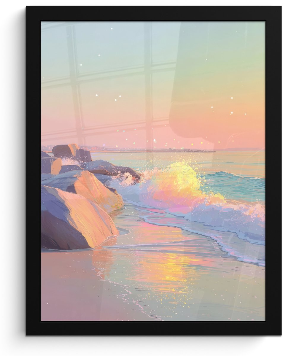 FrameYourWall Poster in lijst - Fotolijst 30x40 cm - Posters - Zomerlicht - Strand - Fonkelende accenten - Posterlijst zwart - Decoratie - Wanddecoratie woonkamer - Muurdecoratie slaapkamer Strand - Zee - Stad