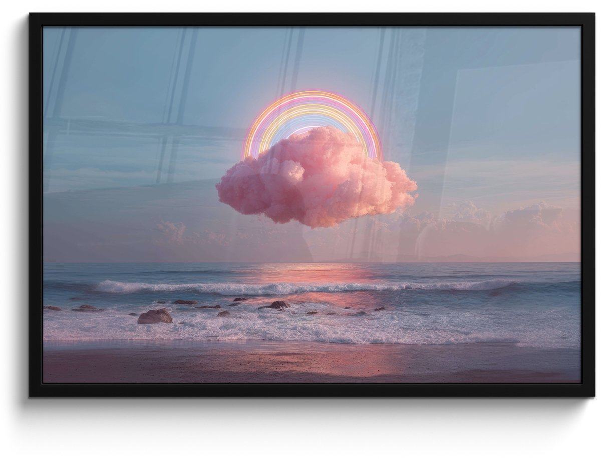 FrameYourWall Poster in lijst - Fotolijst 90x60 cm - Posters - Wolk - Regenboog - Zee - Posterlijst zwart - Decoratie - Wanddecoratie woonkamer - Muurdecoratie slaapkamer