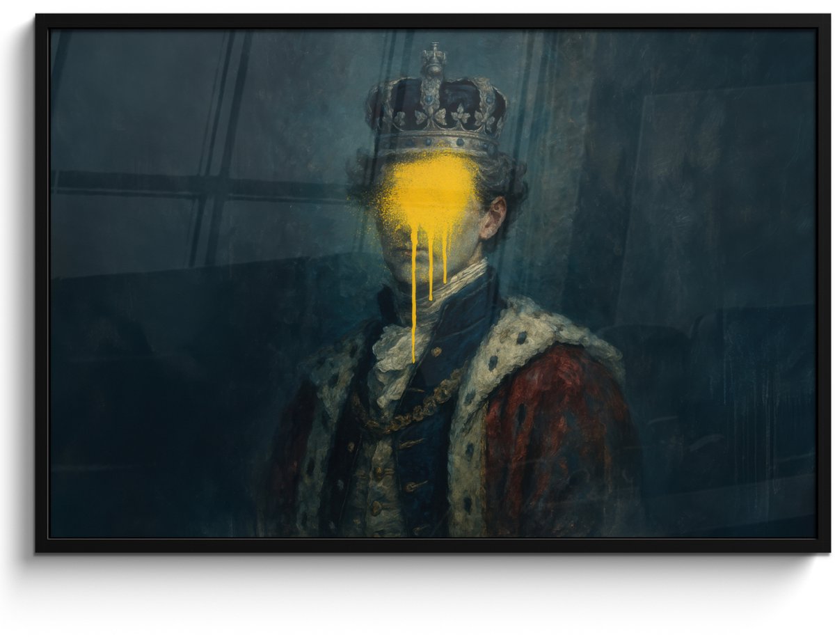 FrameYourWall Poster in lijst - Fotolijst 120x80 cm - Posters - Koning - Portret - Druipende gele verf - Posterlijst zwart - Decoratie - Wanddecoratie woonkamer - Muurdecoratie slaapkamer Koning - Portret - Verf