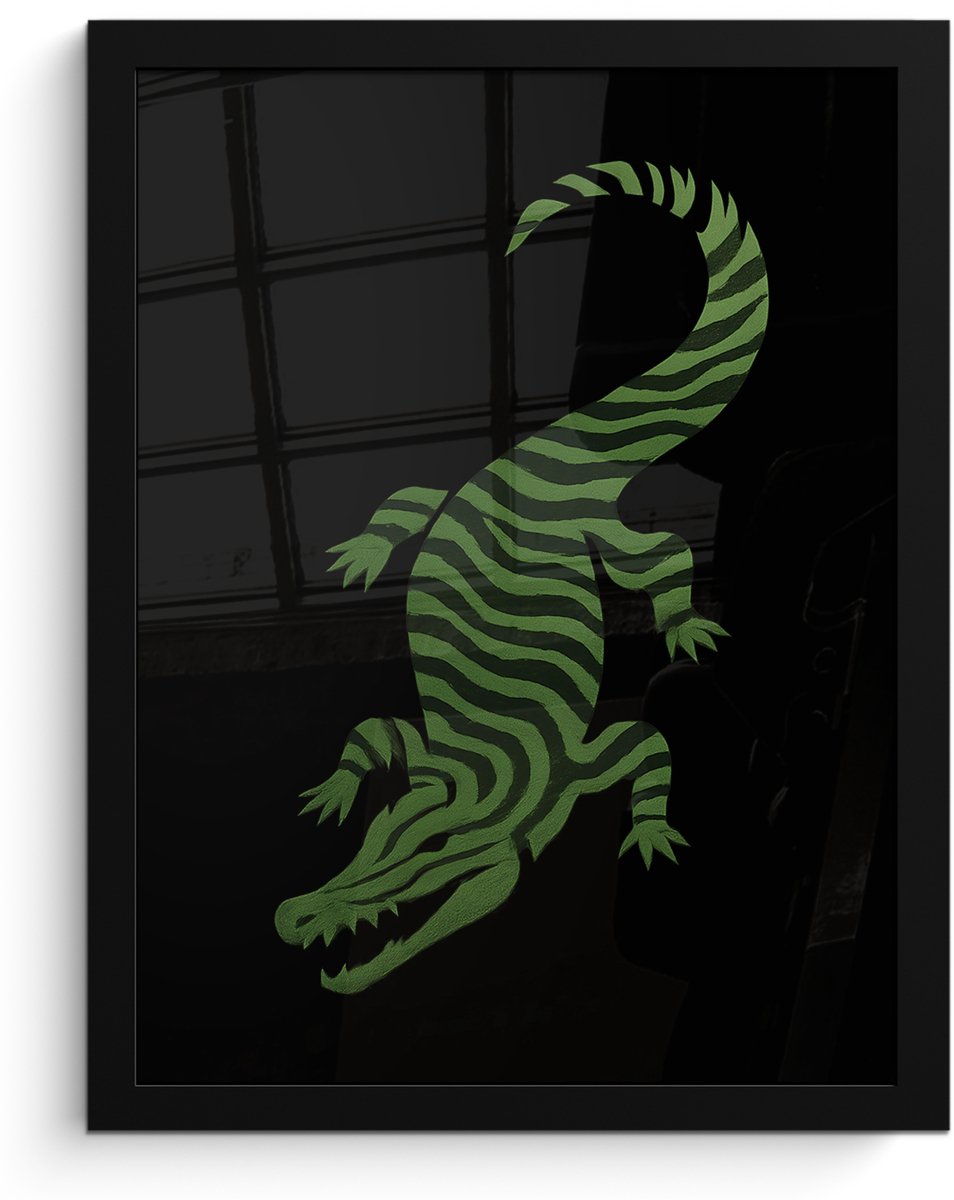 FrameYourWall Poster in lijst - Fotolijst 30x40 cm - Posters - Krokodil - Groen - Tijgerachtig - Strepen - Posterlijst zwart - Decoratie - Wanddecoratie woonkamer - Muurdecoratie slaapkamer Krokodil - Strepen
