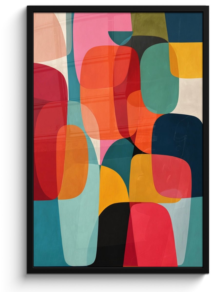 FrameYourWall Poster in lijst - Fotolijst 60x90 cm - Posters - Vormen - Kleurrijk - Abstract - Vlakken - Posterlijst zwart - Decoratie - Wanddecoratie woonkamer - Muurdecoratie slaapkamer Kleurbanen - Verticaal - Kleurrijk
