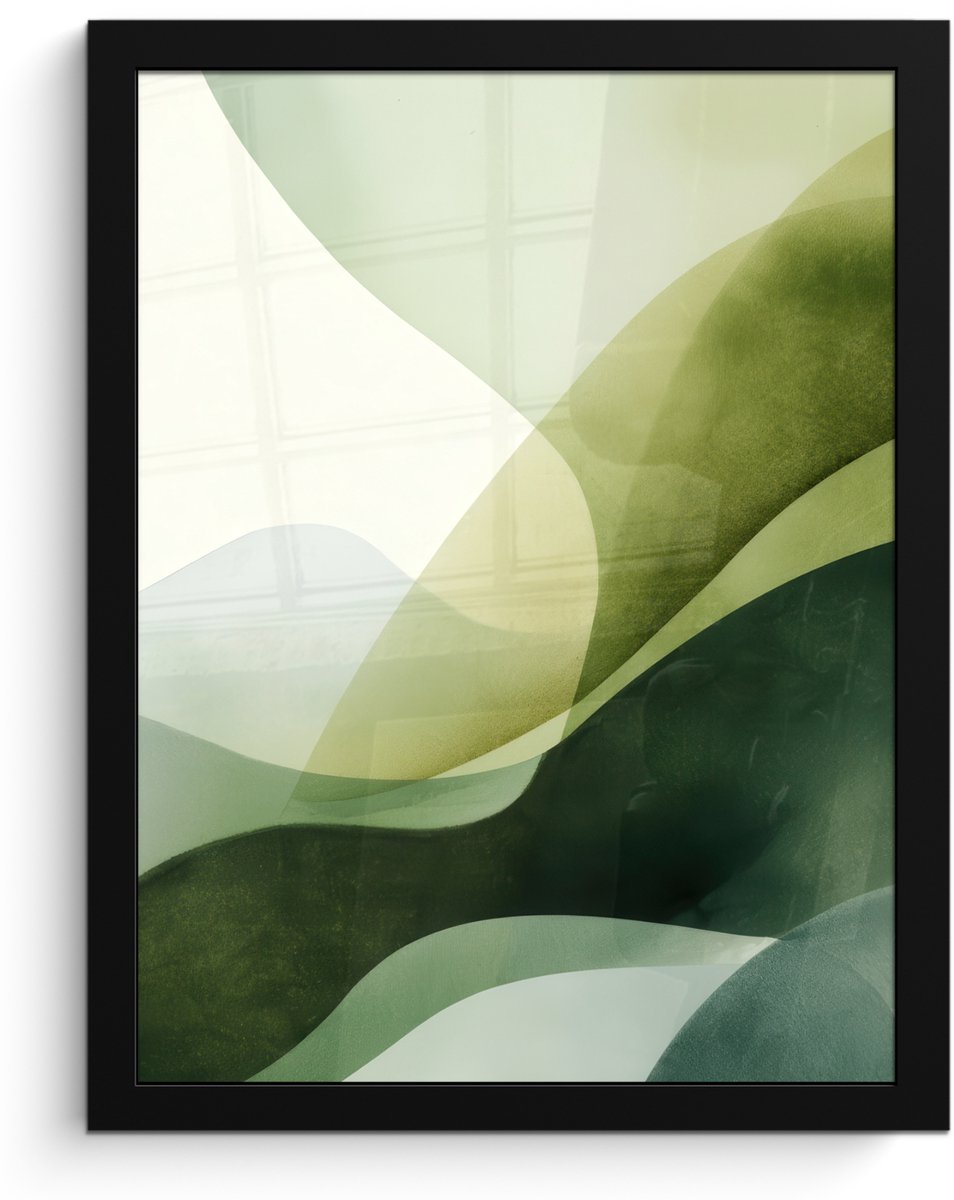 FrameYourWall Poster in lijst - Fotolijst 30x40 cm - Posters - Golven - Abstract - Lichtgroen - Sierlijk - Posterlijst zwart - Decoratie - Wanddecoratie woonkamer - Muurdecoratie slaapkamer