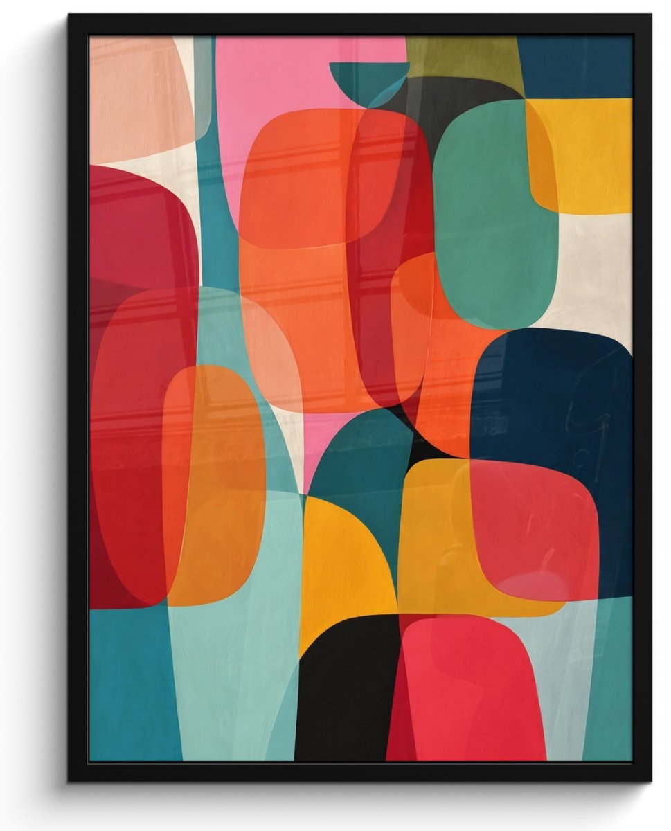 FrameYourWall Poster in lijst - Fotolijst 60x80 cm - Posters - Vormen - Kleurrijk - Abstract - Vlakken - Posterlijst zwart - Decoratie - Wanddecoratie woonkamer - Muurdecoratie slaapkamer Kleurbanen - Verticaal - Kleurrijk