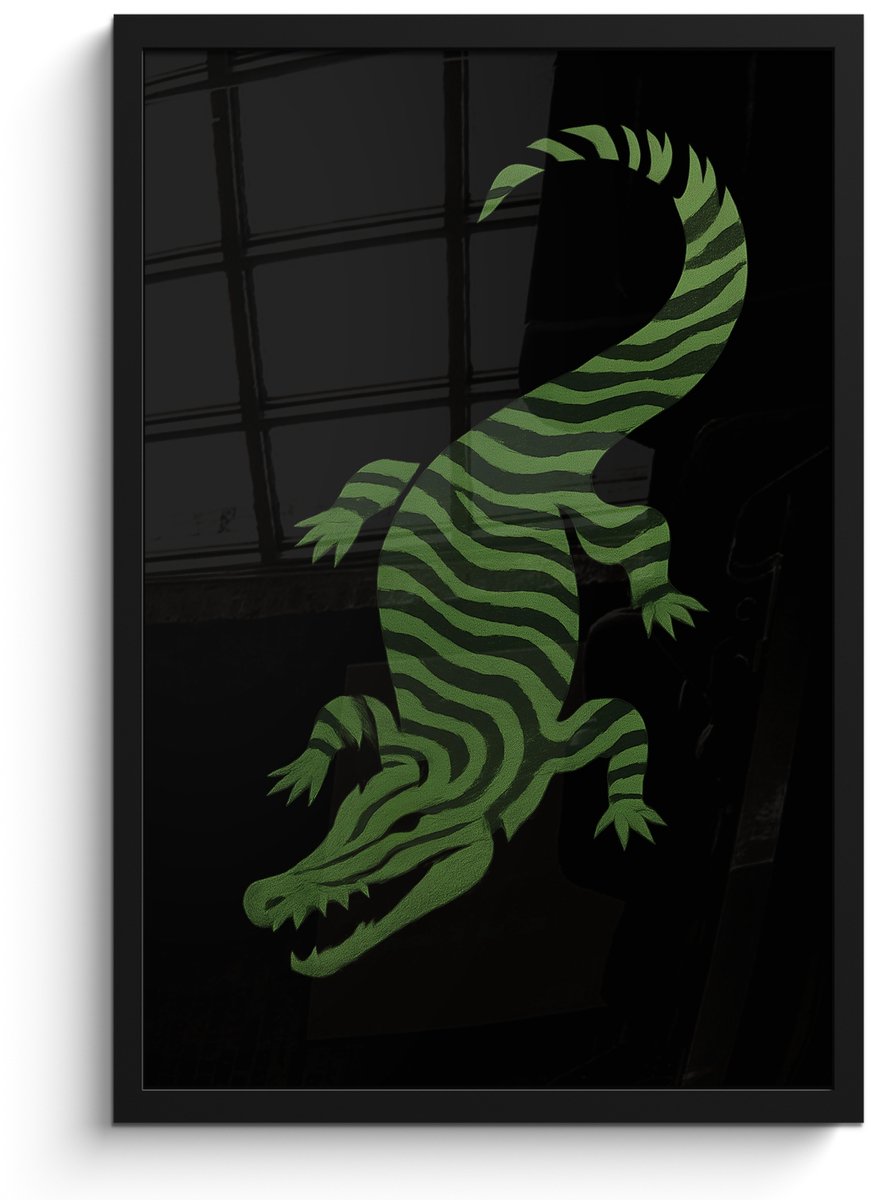 FrameYourWall Poster in lijst - Fotolijst 40x60 cm - Posters - Krokodil - Groen - Tijgerachtig - Strepen - Posterlijst zwart - Decoratie - Wanddecoratie woonkamer - Muurdecoratie slaapkamer Krokodil - Strepen