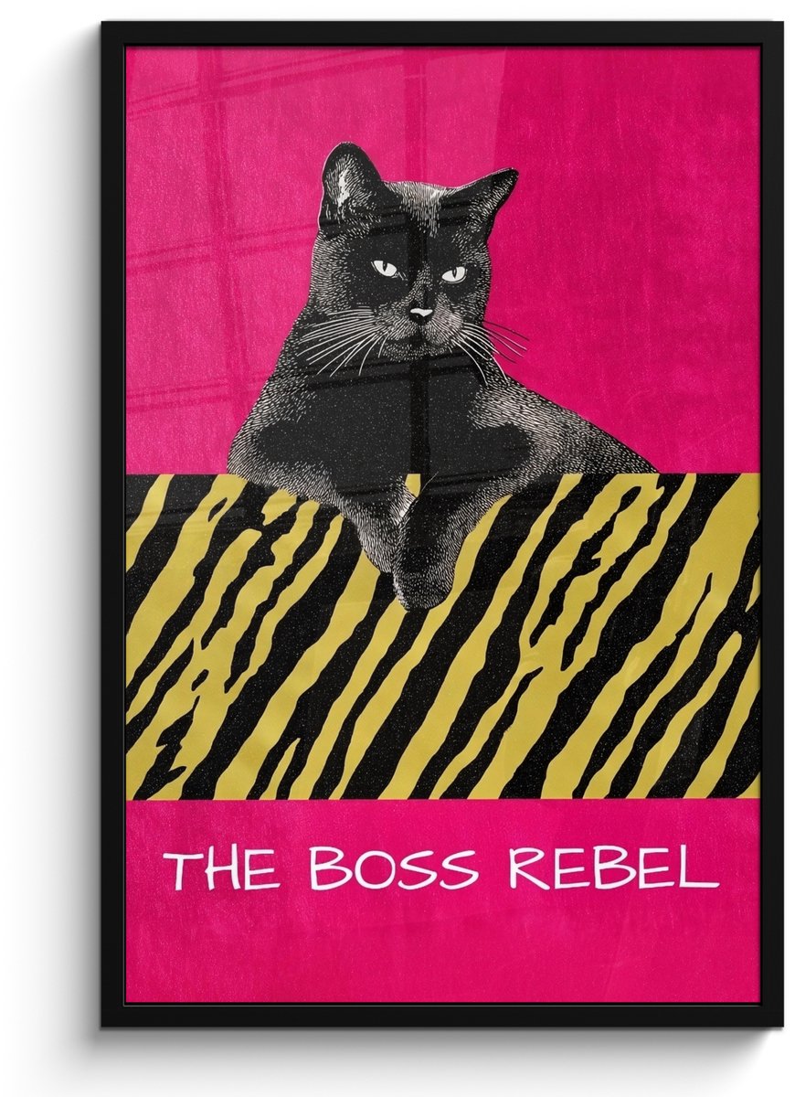 FrameYourWall Poster in lijst - Fotolijst 60x90 cm - Posters - Kat - Baas - Roze - Tijgerprint - Posterlijst zwart - Decoratie - Wanddecoratie woonkamer - Muurdecoratie slaapkamer Kat - Tekst