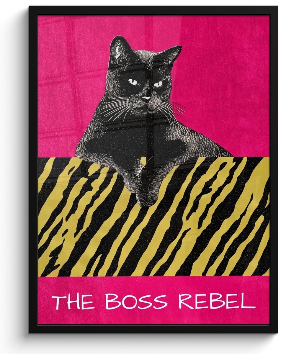 FrameYourWall Poster in lijst - Fotolijst 60x80 cm - Posters - Kat - Baas - Roze - Tijgerprint - Posterlijst zwart - Decoratie - Wanddecoratie woonkamer - Muurdecoratie slaapkamer Kat - Tekst