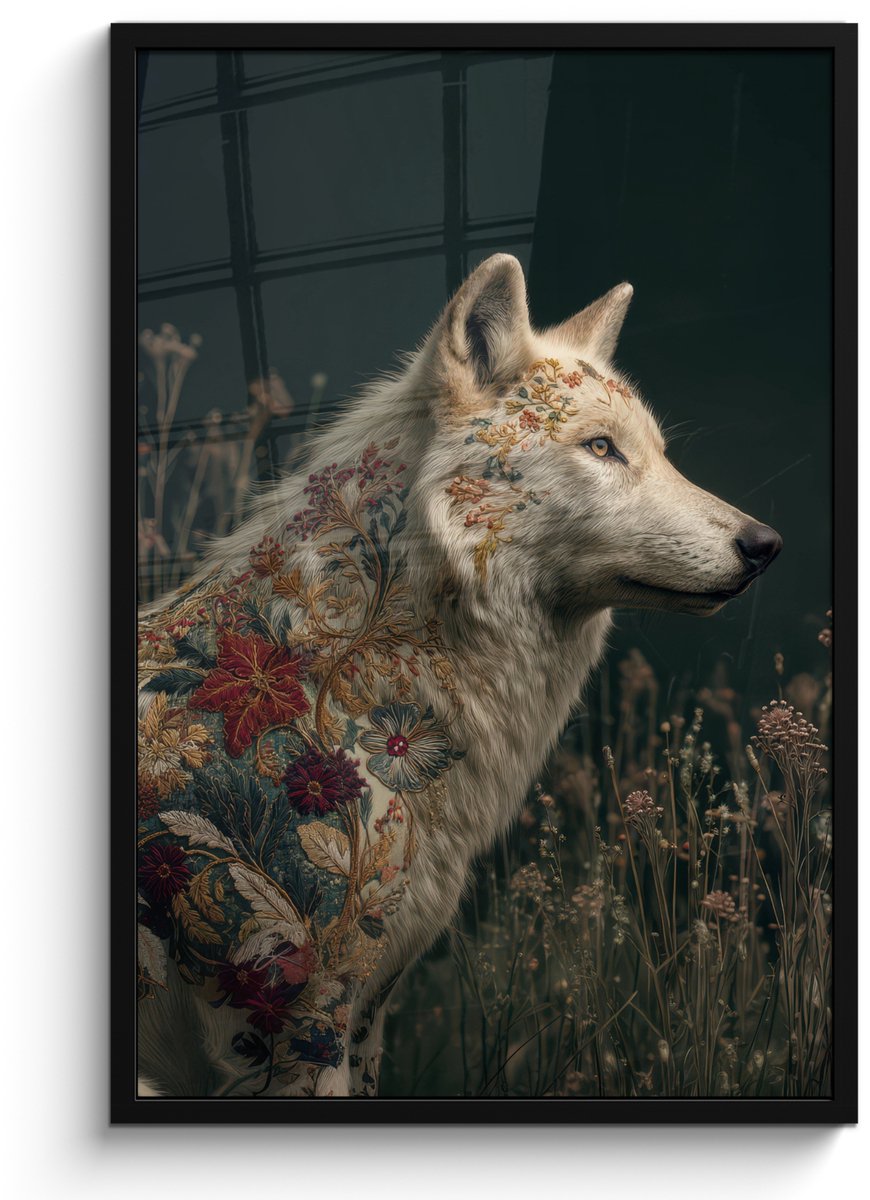 FrameYourWall Poster in lijst - Fotolijst 60x90 cm - Posters - Wolf - Bloemen - Natuur - Posterlijst zwart - Decoratie - Wanddecoratie woonkamer - Muurdecoratie slaapkamer