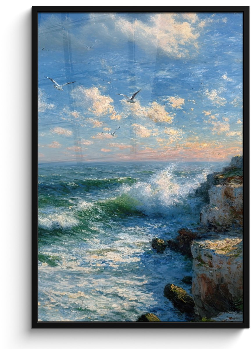 FrameYourWall Poster in lijst - Fotolijst 80x120 cm - Posters - Zee - Golven - Rotsen - Meeuwen - Posterlijst zwart - Decoratie - Wanddecoratie woonkamer - Muurdecoratie slaapkamer
