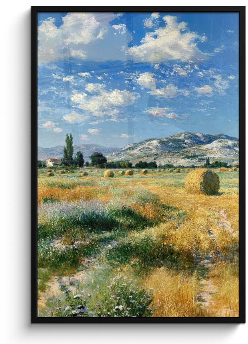 FrameYourWall Poster in lijst - Fotolijst 80x120 cm - Posters - Landschap - Strobalen - Bergen - Wolken - Posterlijst zwart - Decoratie - Wanddecoratie woonkamer - Muurdecoratie slaapkamer