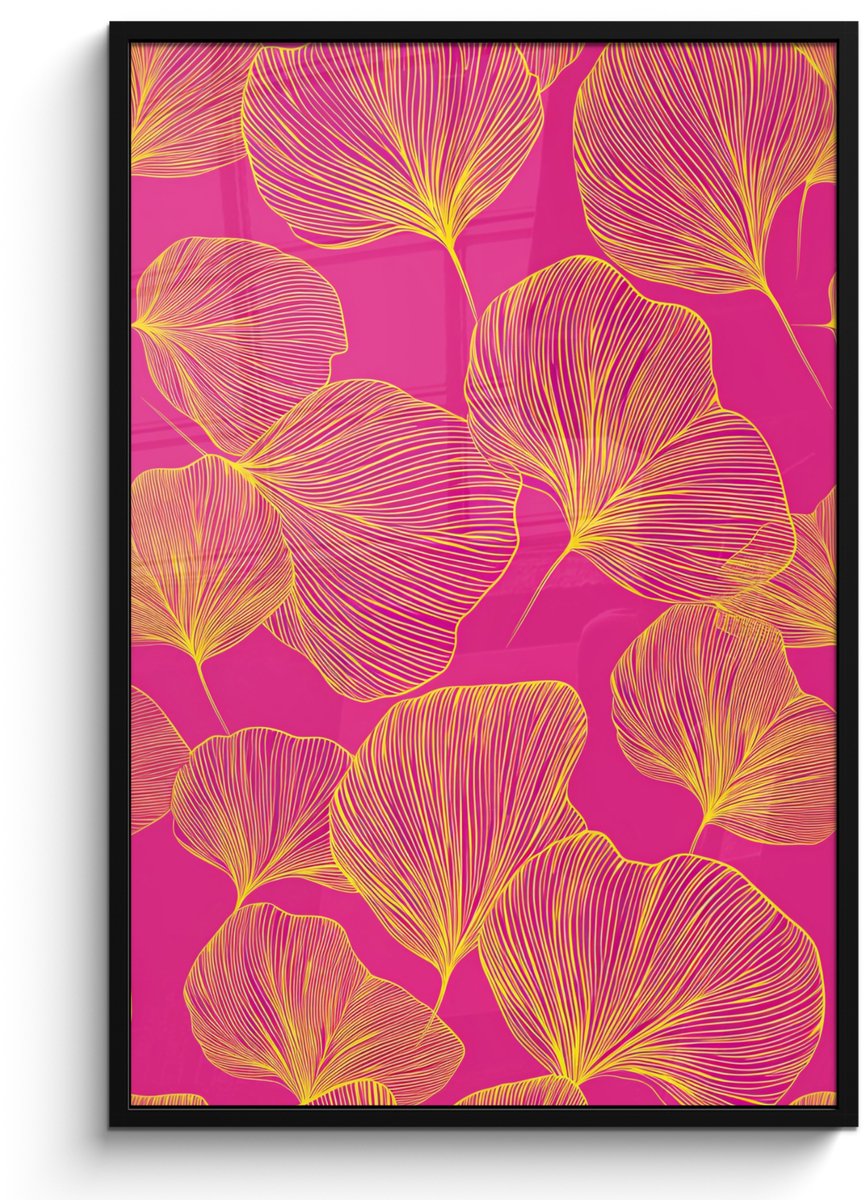 FrameYourWall Poster in lijst - Fotolijst 80x120 cm - Posters - Bladeren - Nerven - Grafisch - Roze - Posterlijst zwart - Decoratie - Wanddecoratie woonkamer - Muurdecoratie slaapkamer Bladeren - Grafisch