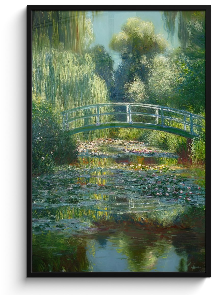 FrameYourWall Poster in lijst - Fotolijst 80x120 cm - Posters - Brug - Hout - Vijver - Waterlelies - Posterlijst zwart - Decoratie - Wanddecoratie woonkamer - Muurdecoratie slaapkamer