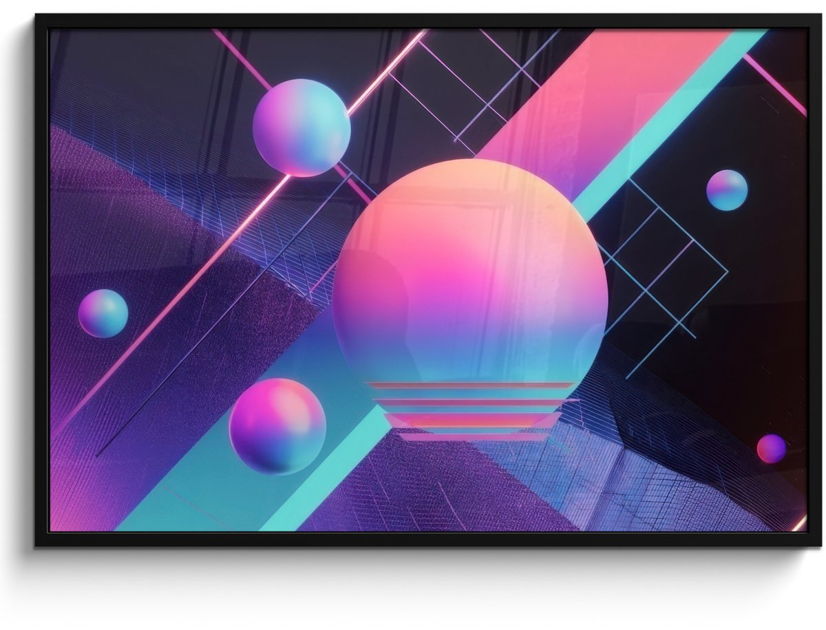 FrameYourWall Poster in lijst - Fotolijst 120x80 cm - Posters - Cirkels - Vlakken - Abstract - Blauw - Posterlijst zwart - Decoratie - Wanddecoratie woonkamer - Muurdecoratie slaapkamer Cirkels - Neon