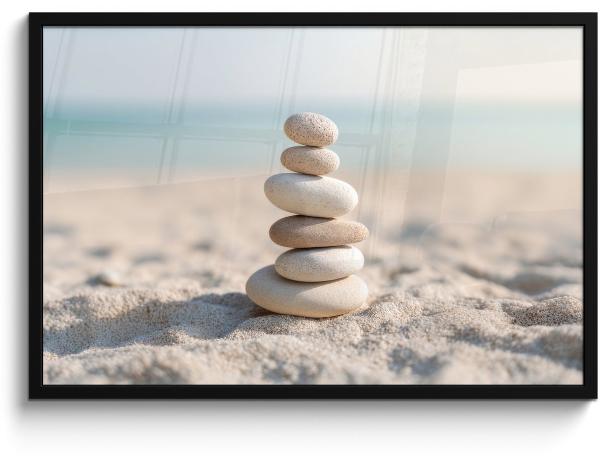FrameYourWall Poster in lijst - Fotolijst 90x60 cm - Posters - Stenen - Stapel - Zand - Zee - Posterlijst zwart - Decoratie - Wanddecoratie woonkamer - Muurdecoratie slaapkamer