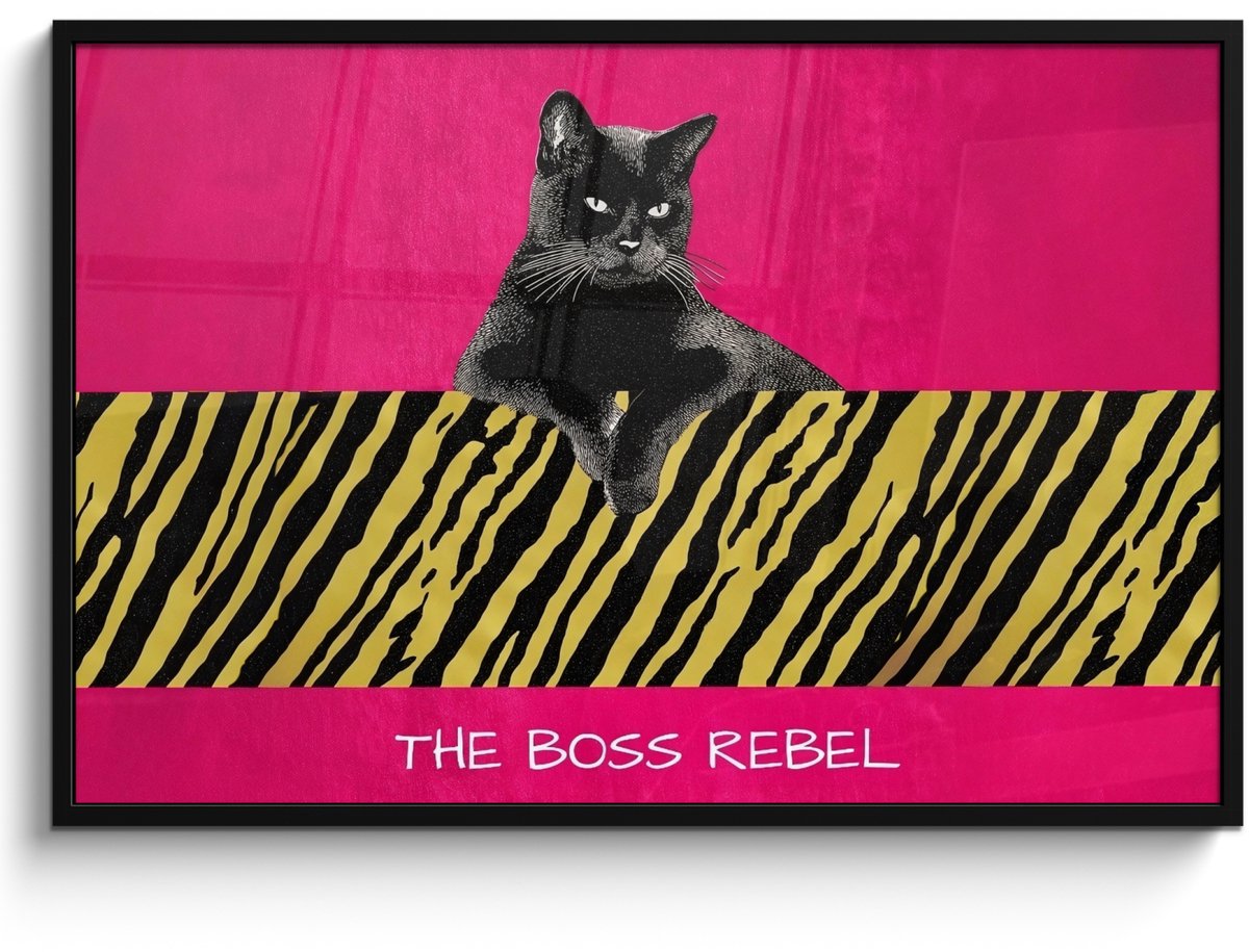 FrameYourWall Poster in lijst - Fotolijst 120x80 cm - Posters - Kat - Baas - Roze - Tijgerprint - Posterlijst zwart - Decoratie - Wanddecoratie woonkamer - Muurdecoratie slaapkamer Kat - Tekst