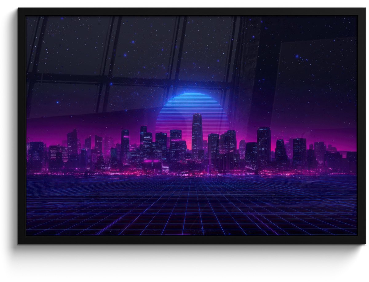 FrameYourWall Poster in lijst - Fotolijst 90x60 cm - Posters - Skyline - Zon - Neon - Rasterpatroon - Posterlijst zwart - Decoratie - Wanddecoratie woonkamer - Muurdecoratie slaapkamer Stad - Sterrenhemel - Neon