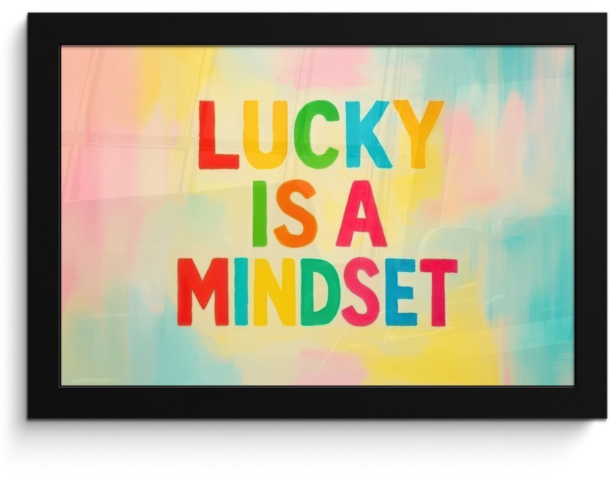 FrameYourWall Poster in lijst - Fotolijst 30x20 cm - Posters - Quote - Lucky - Regenboogkleuren - Posterlijst zwart - Decoratie - Wanddecoratie woonkamer - Muurdecoratie slaapkamer Quote - Lucky - Kleurrijk