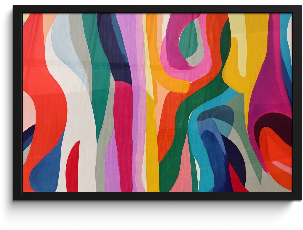 FrameYourWall Poster in lijst - Fotolijst 60x40 cm - Posters - Abstract - Kleurrijk - Golven - Lijnen - Posterlijst zwart - Decoratie - Wanddecoratie woonkamer - Muurdecoratie slaapkamer