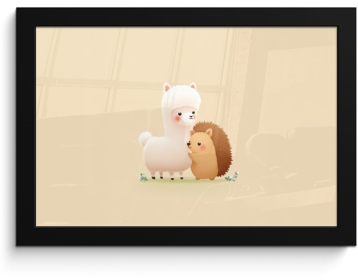 FrameYourWall Poster in lijst - Fotolijst 30x20 cm - Posters - Alpaca - Egel - Bruin - Knuffelen - Posterlijst zwart - Decoratie - Wanddecoratie woonkamer - Muurdecoratie slaapkamer