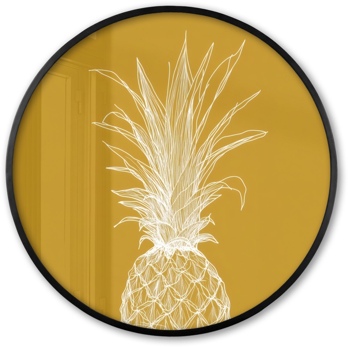 FrameYourWall Poster in lijst Rond - Fotolijst 60x60 cm - Posters - Lijnillustratie - Ananas - Bladkroon - Okergeel - Ronde posterlijst zwart - Decoratie - Wanddecoratie woonkamer - Muurdecoratie slaapkamer