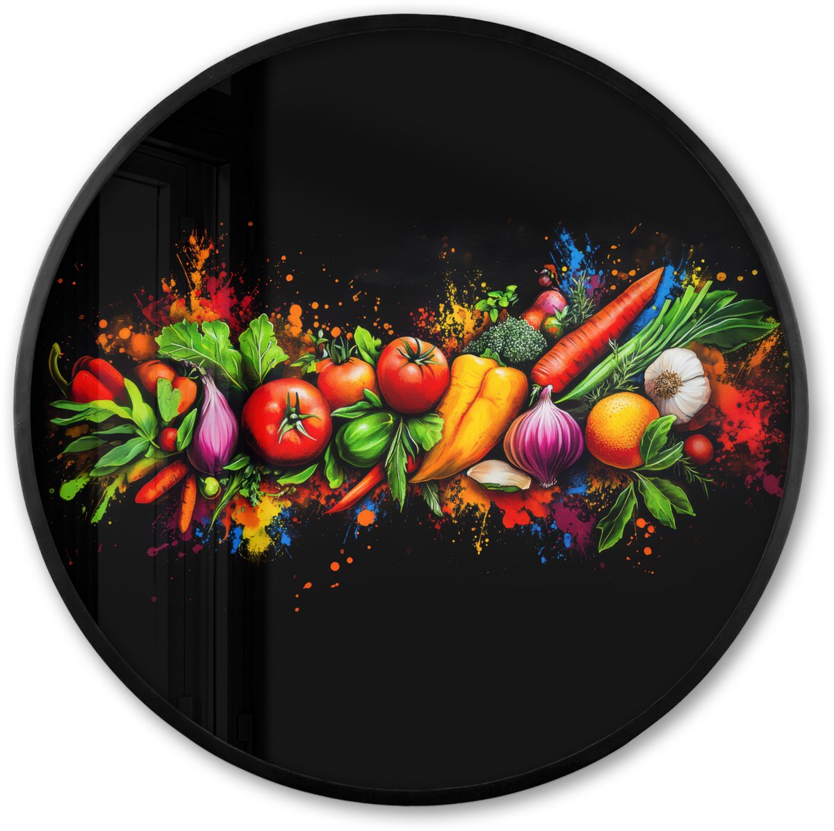 FrameYourWall Poster in lijst Rond - Fotolijst 60x60 cm - Posters - Groente - Eten - Kruiden - Graffiti - Koken - Ronde posterlijst zwart - Decoratie - Wanddecoratie woonkamer - Muurdecoratie slaapkamer Graffiti - Groente