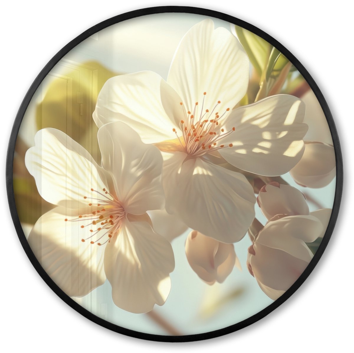 FrameYourWall Poster in lijst Rond - Fotolijst 80x80 cm - Posters - Bloesems - Wit - Zonnestralen - Bloemblaadjes - Ronde posterlijst zwart - Decoratie - Wanddecoratie woonkamer - Muurdecoratie slaapkamer