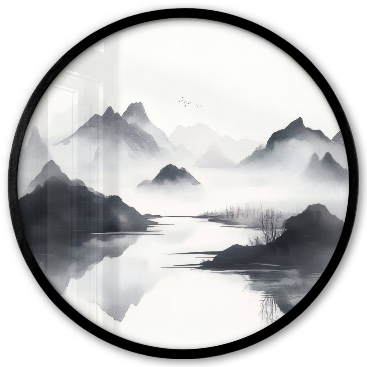 FrameYourWall Poster in lijst Rond - Fotolijst 40x40 cm - Posters - Bergen - Mistig - Water - Wit - Ronde posterlijst zwart - Decoratie - Wanddecoratie woonkamer - Muurdecoratie slaapkamer