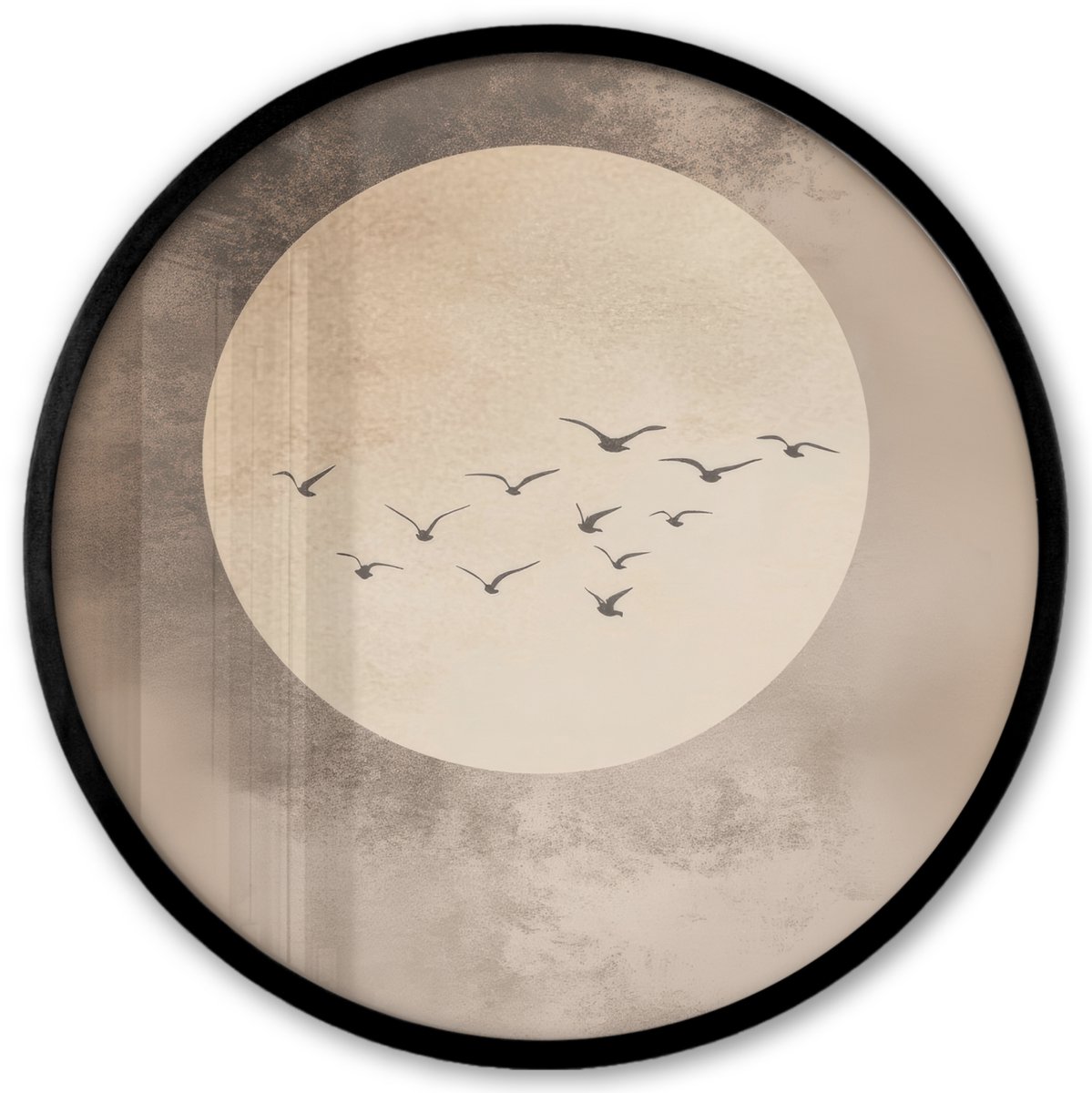FrameYourWall Poster in lijst Rond - Fotolijst 40x40 cm - Posters - Vogel - Beige - Japandi - Ronde posterlijst zwart - Decoratie - Wanddecoratie woonkamer - Muurdecoratie slaapkamer Japandi - Vogels