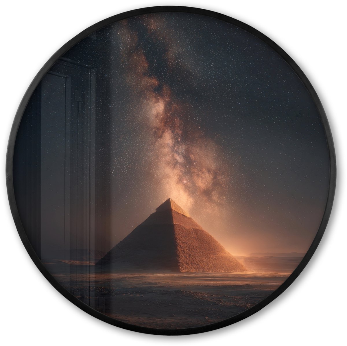 FrameYourWall Poster in lijst Rond - Fotolijst 60x60 cm - Posters - Piramide - Woestijn - Licht - Ronde posterlijst zwart - Decoratie - Wanddecoratie woonkamer - Muurdecoratie slaapkamer Piramide - Sterren