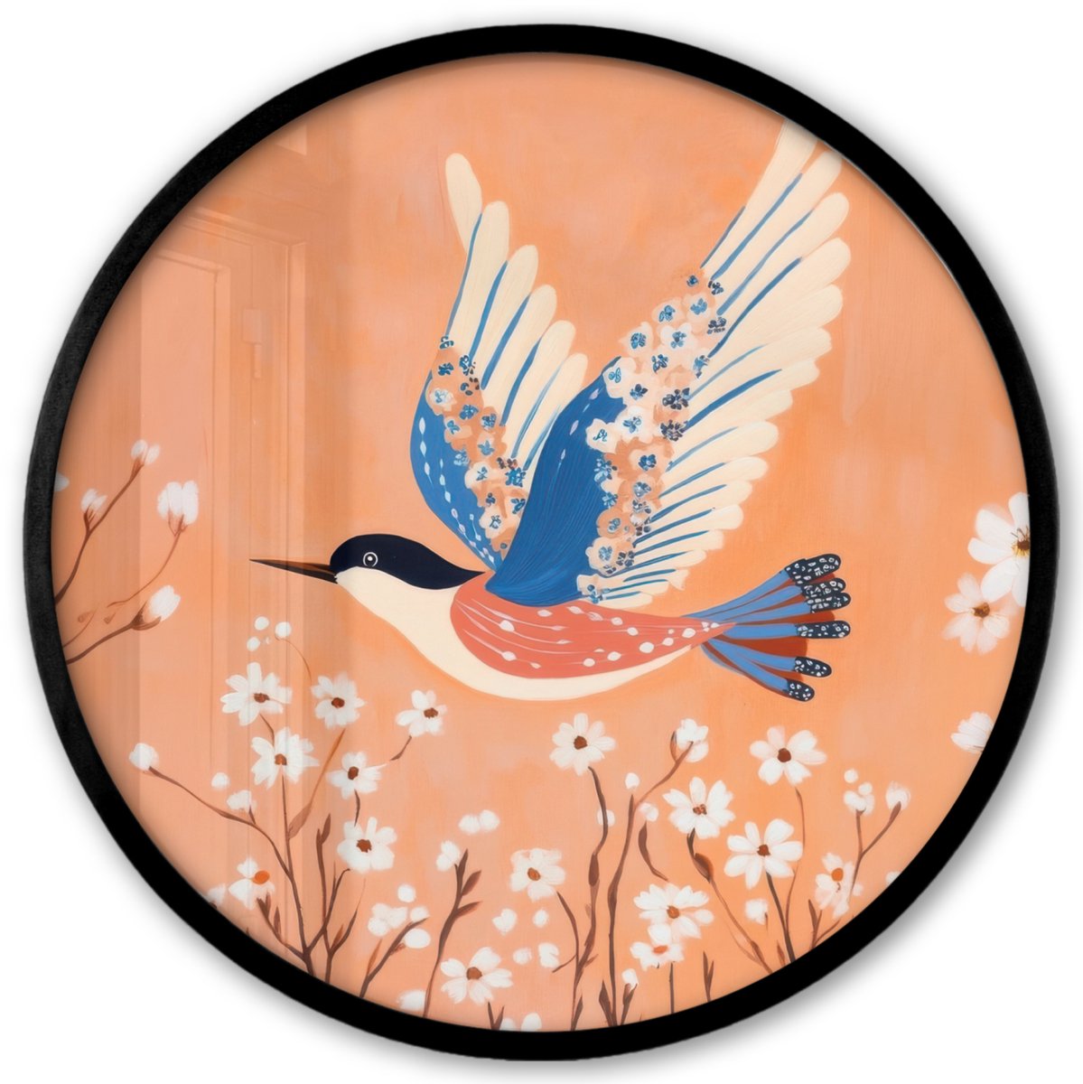FrameYourWall Poster in lijst Rond - Fotolijst 40x40 cm - Posters - Vogel - Bloesemtakken - Warm - Kleurrijk - Ronde posterlijst zwart - Decoratie - Wanddecoratie woonkamer - Muurdecoratie slaapkamer
