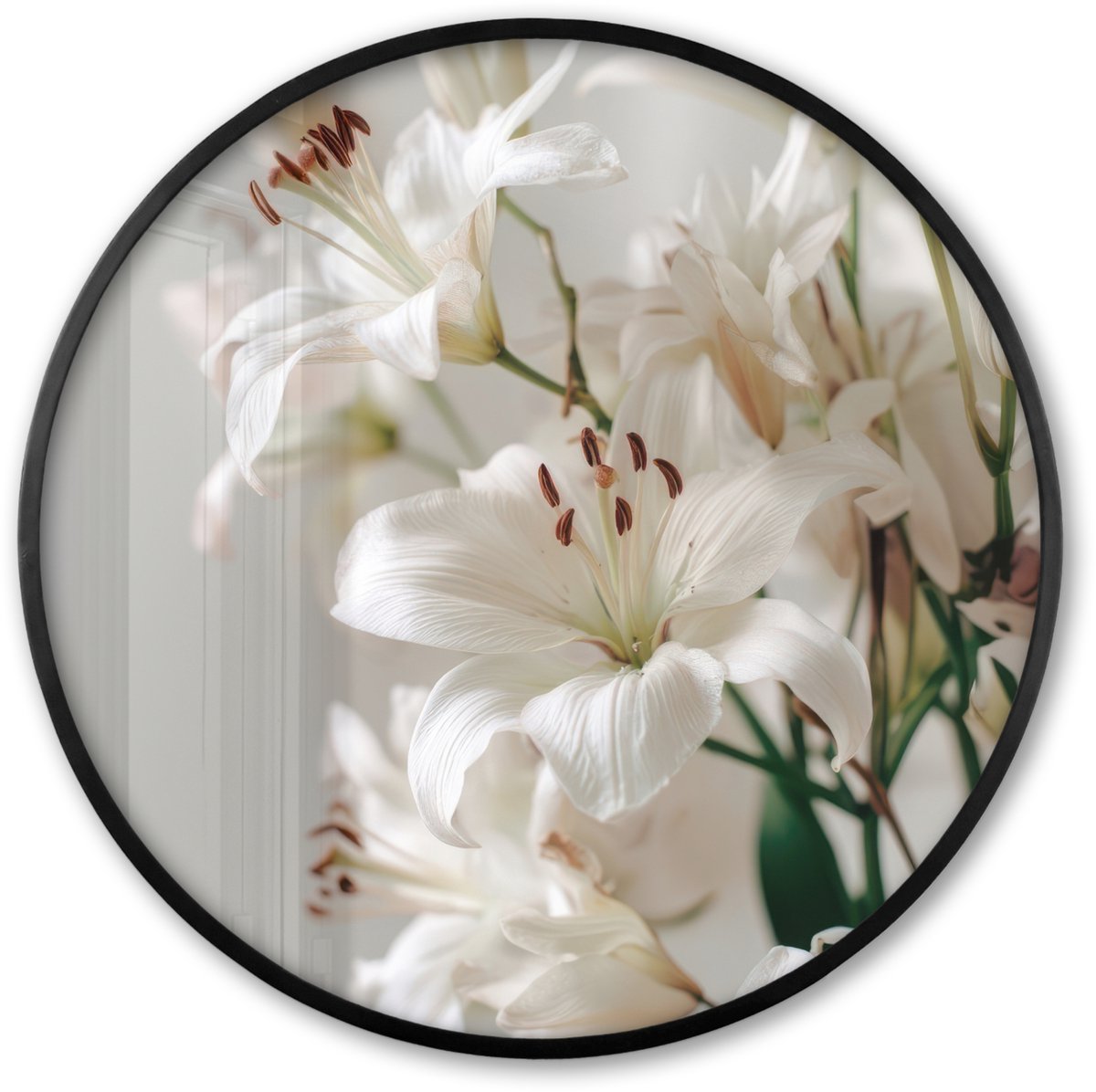 FrameYourWall Poster in lijst Rond - Fotolijst 80x80 cm - Posters - Lelies - Boekte - Wit - Meeldraden - Ronde posterlijst zwart - Decoratie - Wanddecoratie woonkamer - Muurdecoratie slaapkamer Lelies - Meeldraden
