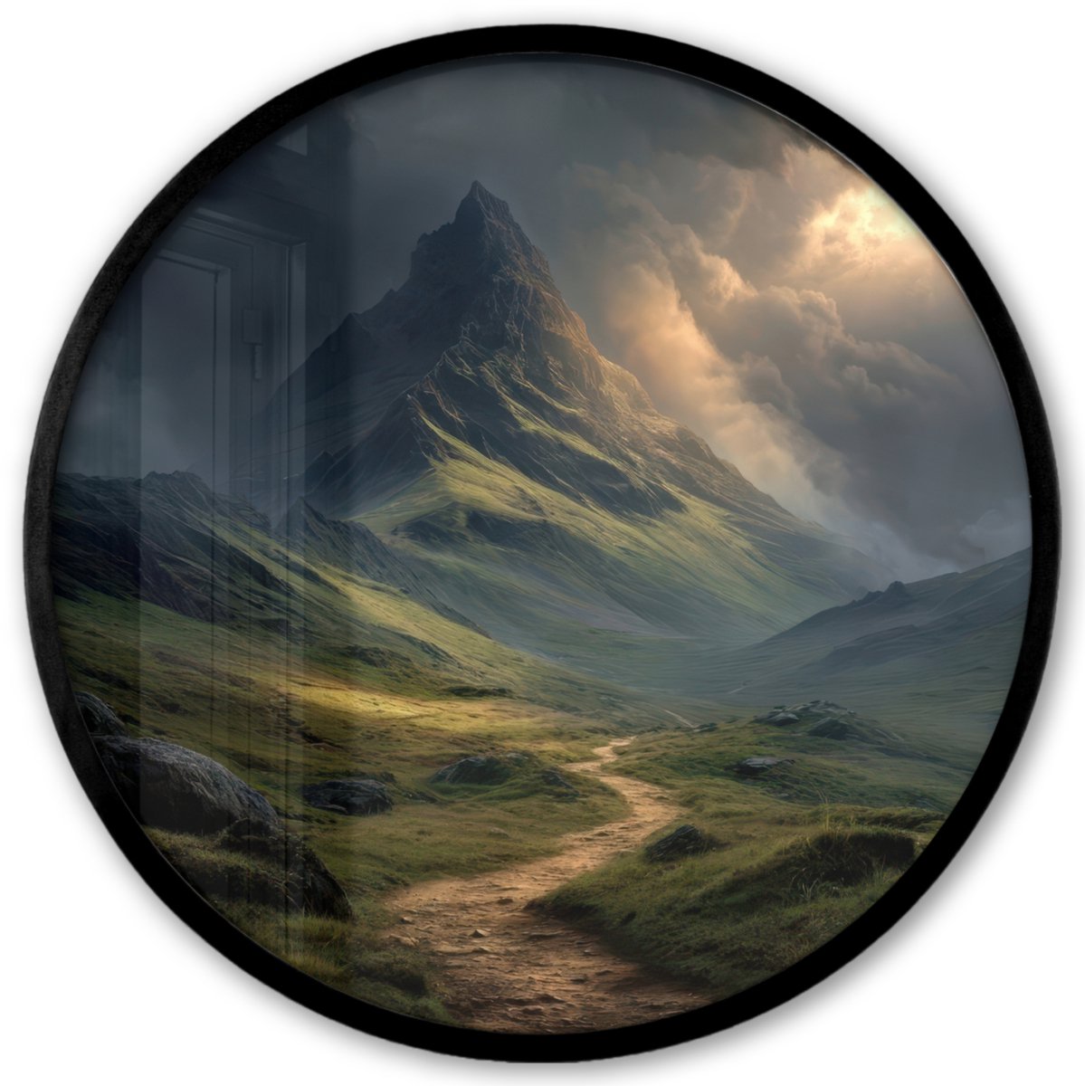FrameYourWall Poster in lijst Rond - Fotolijst 40x40 cm - Posters - Bergen - Kronkelpad - Groen - Wolken - Ronde posterlijst zwart - Decoratie - Wanddecoratie woonkamer - Muurdecoratie slaapkamer Bergen - Pad - Wolken